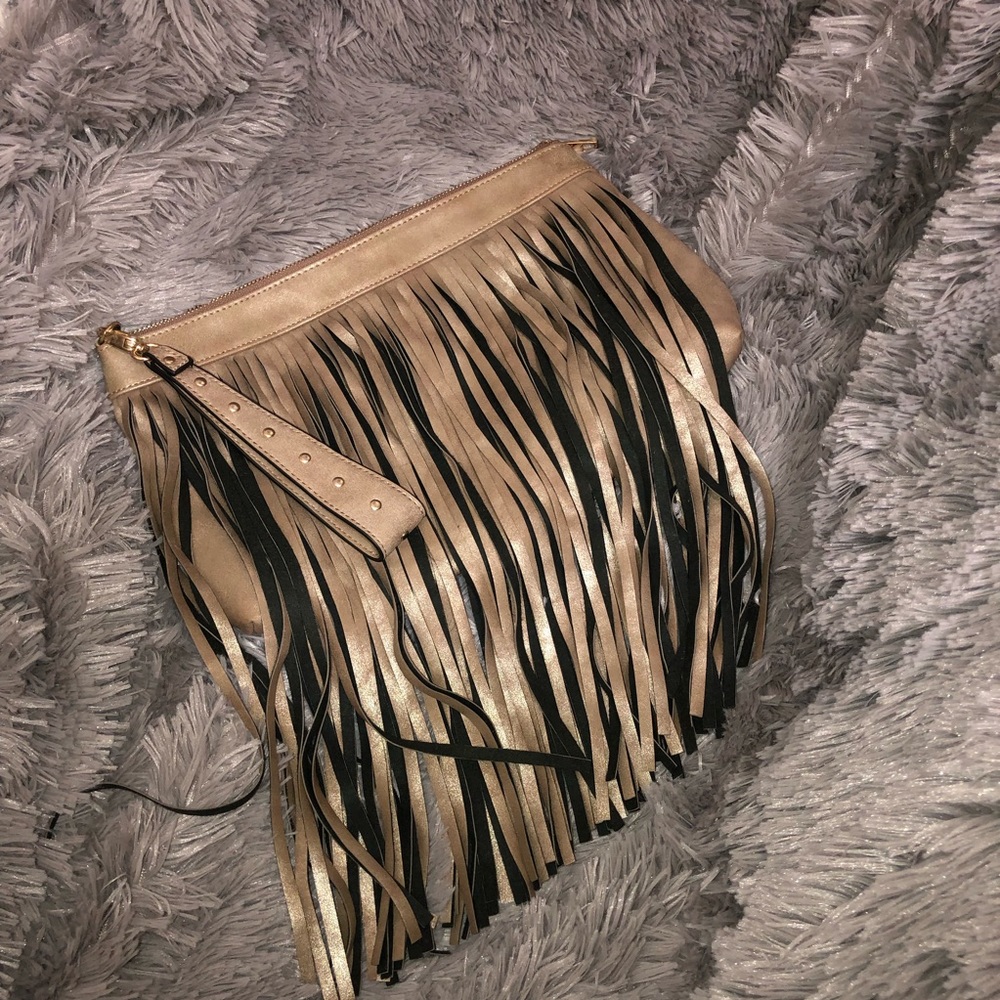 Aldo Taupe Fringe Wristlet Bag